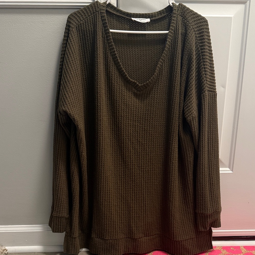Zenana Outfitters Olive Waffle Knit V-Neck Top